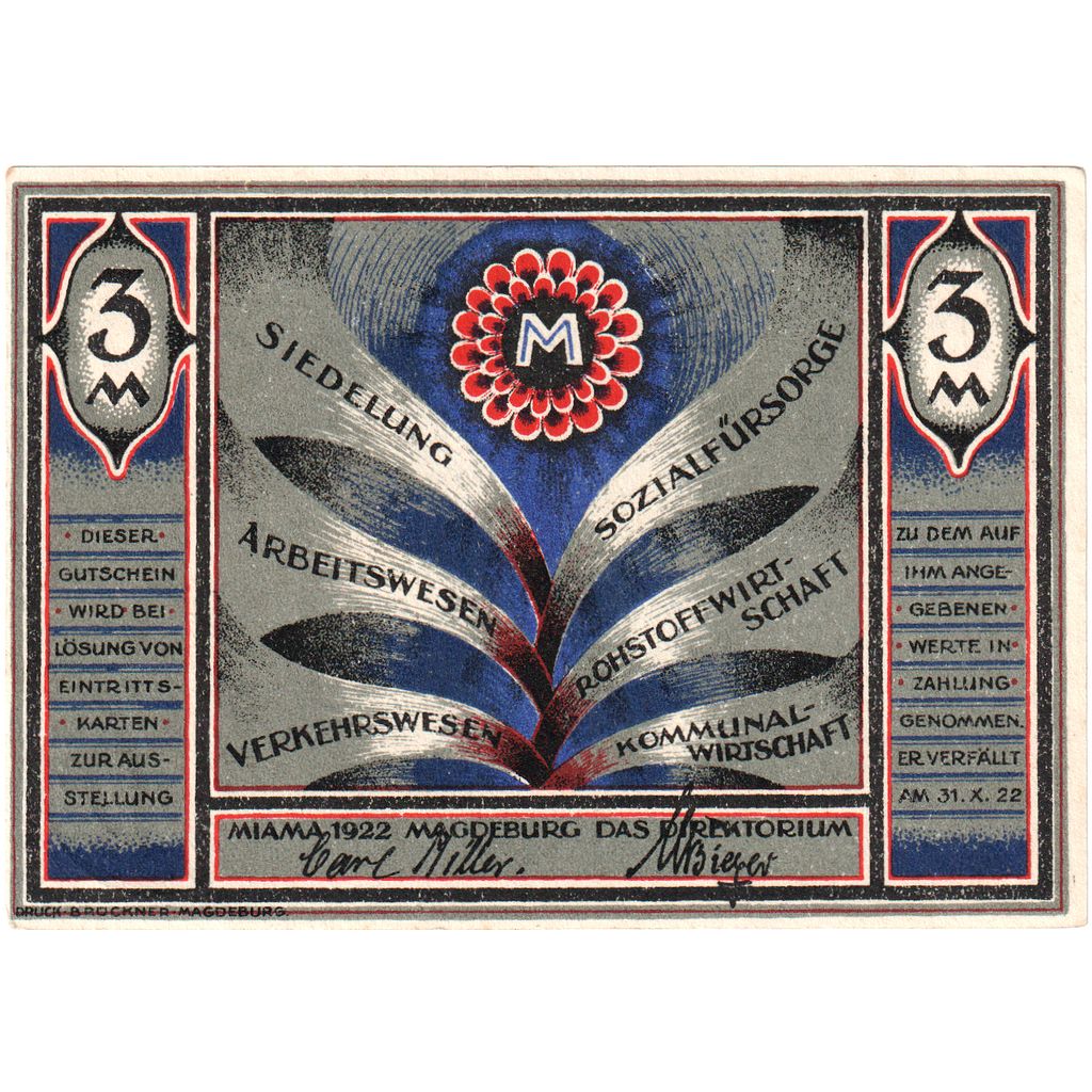 Niemcy, Magdeburg, 3 Mark, place, 1922, 1922-10-31, UNC(60-62), Mehl:855.1