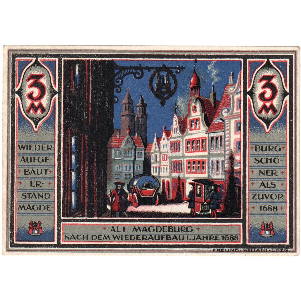 Niemcy, Magdeburg, 3 Mark, place, 1922, 1922-10-31, UNC(60-62), Mehl:855.1
