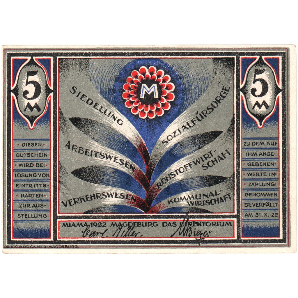 Niemcy, Magdeburg, 5 Mark, place, 1922, 1922-10-31, UNC(60-62), Mehl:855.1