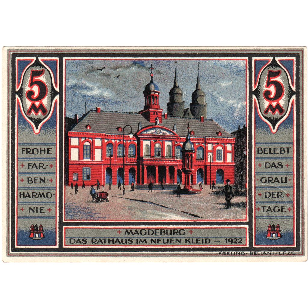 Niemcy, Magdeburg, 5 Mark, place, 1922, 1922-10-31, UNC(60-62), Mehl:855.1