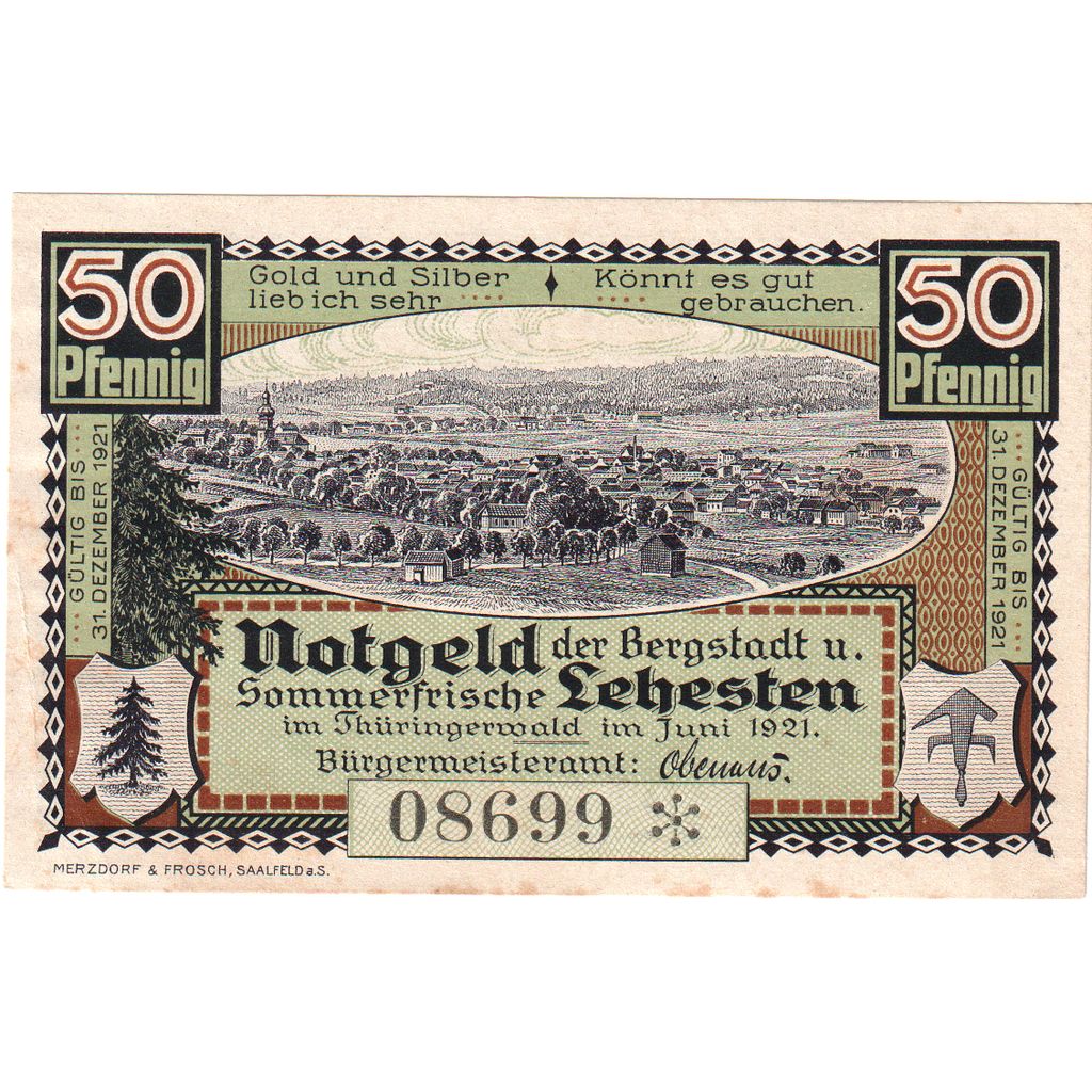 Niemcy, Lehesten Stadt, 50 Pfennig, PIERRE, 1921, UNC(63), Mehl:783.1