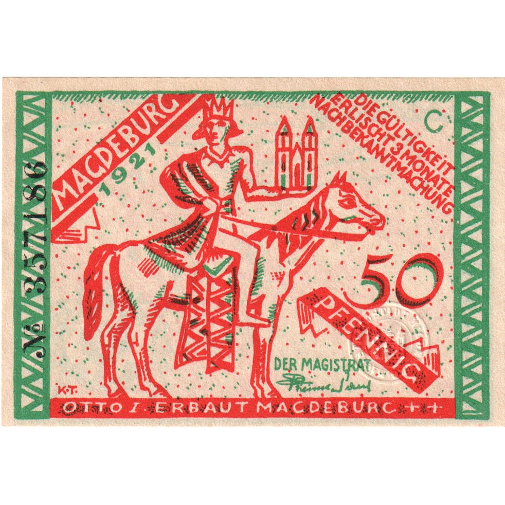 Niemcy, Magdeburg Stadt, 50 Pfennig, personnage, 1921, UNC(65-70), Mehl:857.1