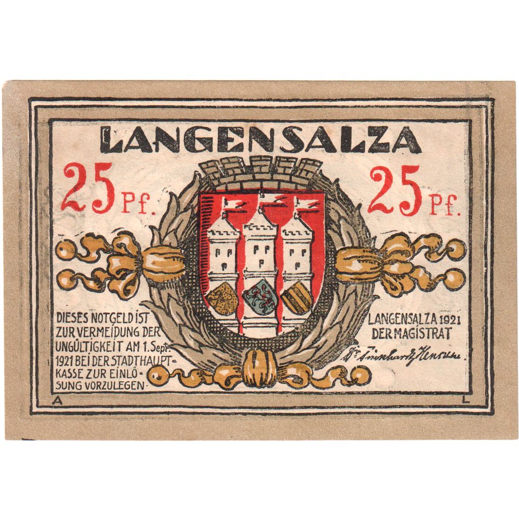 Deutschland, Langensalza Stadt, 25 Pfennig, Batiment, 1921, 1921-09-01, UNZ