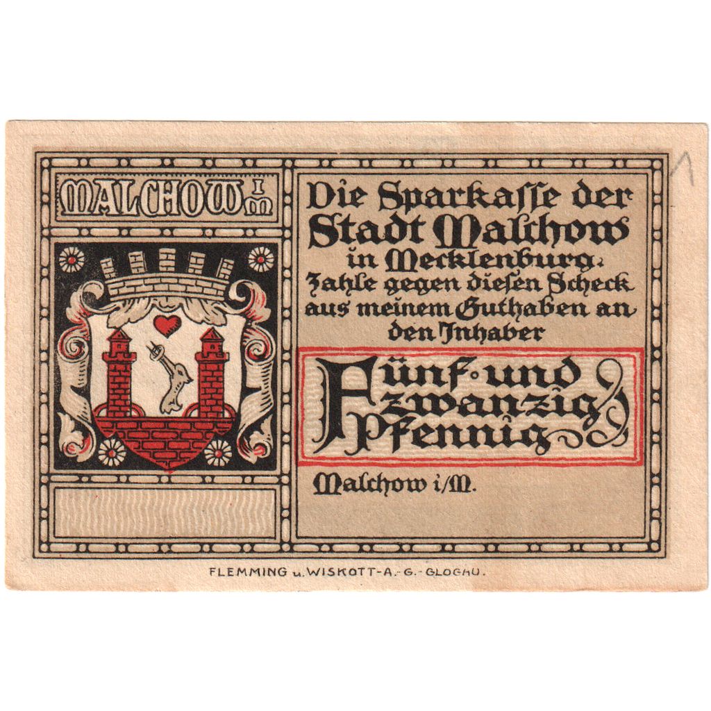 Deutschland, Malchow Stadt, 25 Pfennig, paysage 2, VZ+, Mehl:863.3a