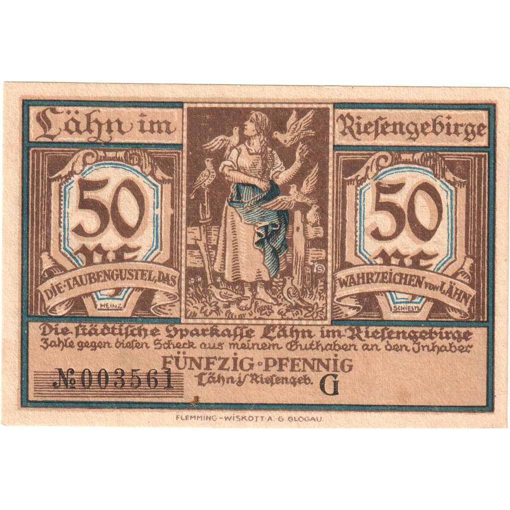 Deutschland, Lahn Stadtische Sparkasse, 50 Pfennig, paysage, VZ+, Mehl:756.1b