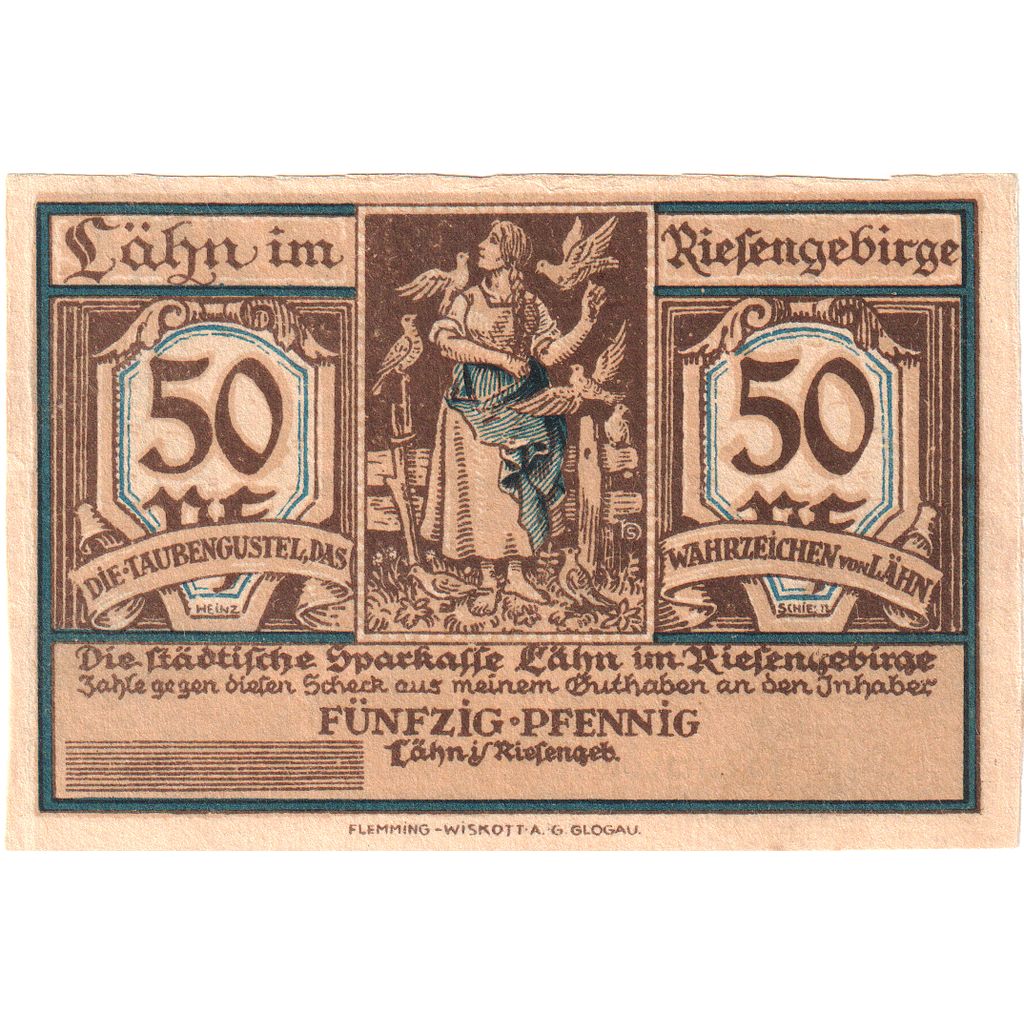 Germania, Lahn Stadtische Sparkasse, 50 Pfennig, paysage 1, SPL, Mehl:756.1b