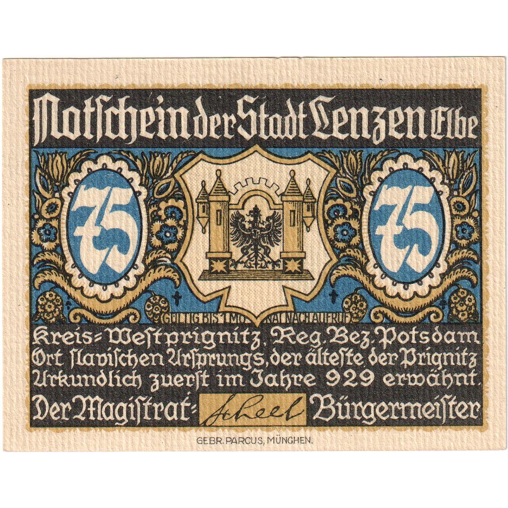 Niemcy, Lenzen, 75 Pfennig, Maison, 1922, UNC(63), Mehl:792.1
