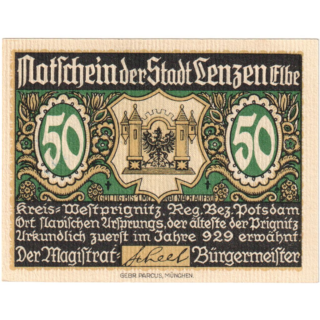 Niemcy, Lenzen, 50 Pfennig, moulin, 1922, UNC(63), Mehl:792.1