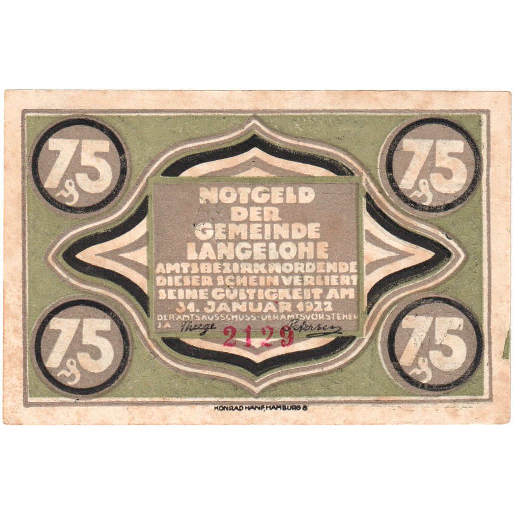 Niemcy, Langelohe Gemeinde, 75 Pfennig, 1922-01-31, 3746, AU(55-58)