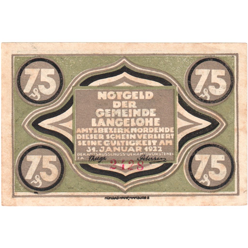 Deutschland, Langelohe Gemeinde, 75 Pfennig, 1922-01-31, 3746, VZ