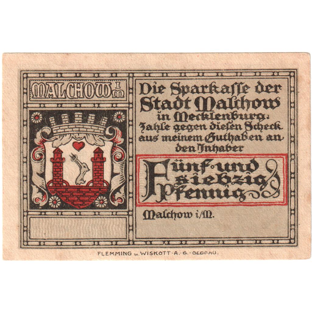 Niemcy, Malchow Stadt, 75 Pfennig, UNC(60-62)