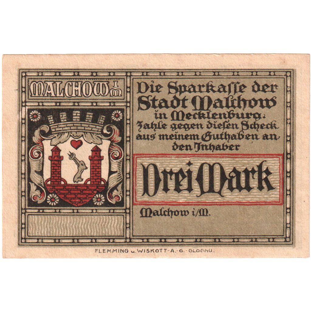 Deutschland, Malchow Stadt, 3 Mark, VZ+