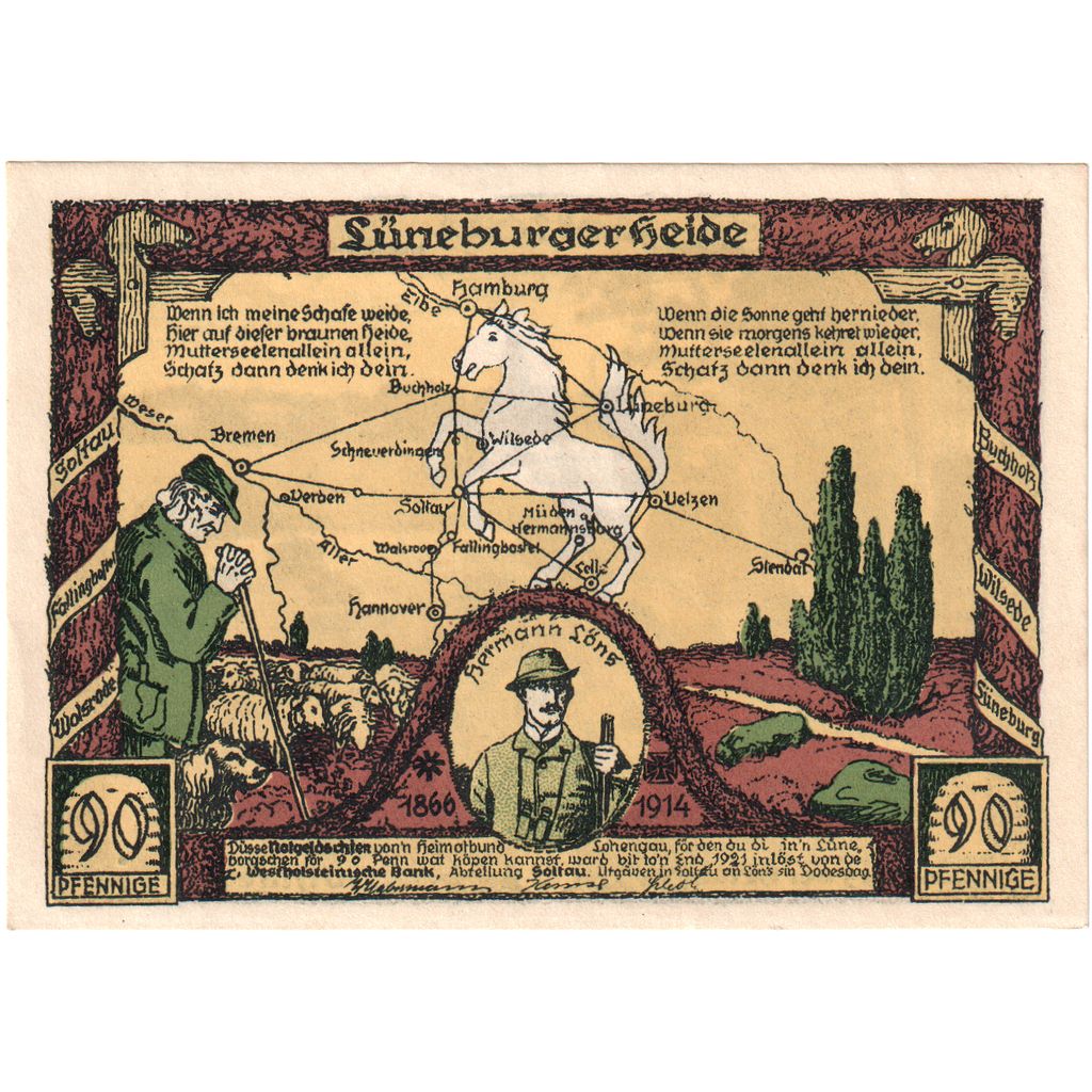 Banconote, Germania, Lüneburger Heide, 90 Pfennig, paysage, 1921, SPL-