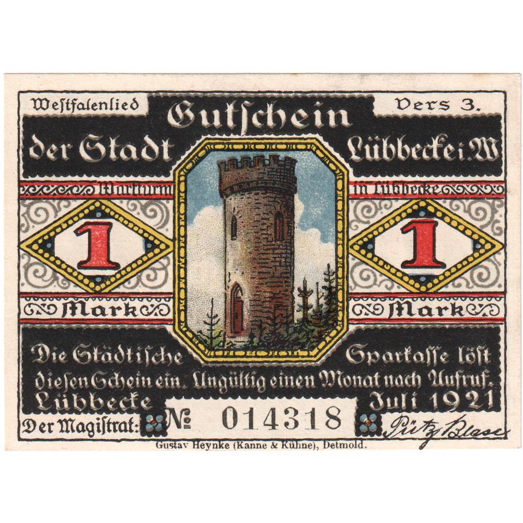 Deutschland, Lübbecke, 1 Mark, 029433, VZ+