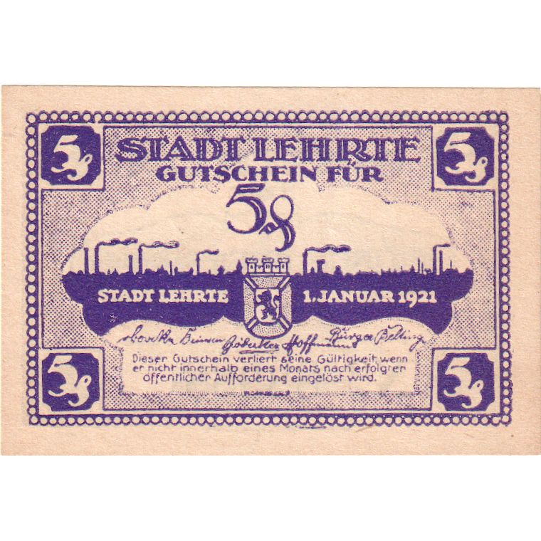 Niemcy, Lehrte, 5 Pfennig, 1921-01-01, UNC(63)