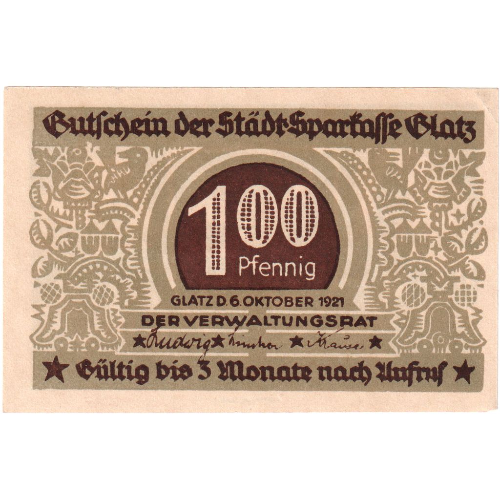 Deutschland, Glatz Städtische Sparkasse, 100 Pfennig, 1921-10-06, VZ+