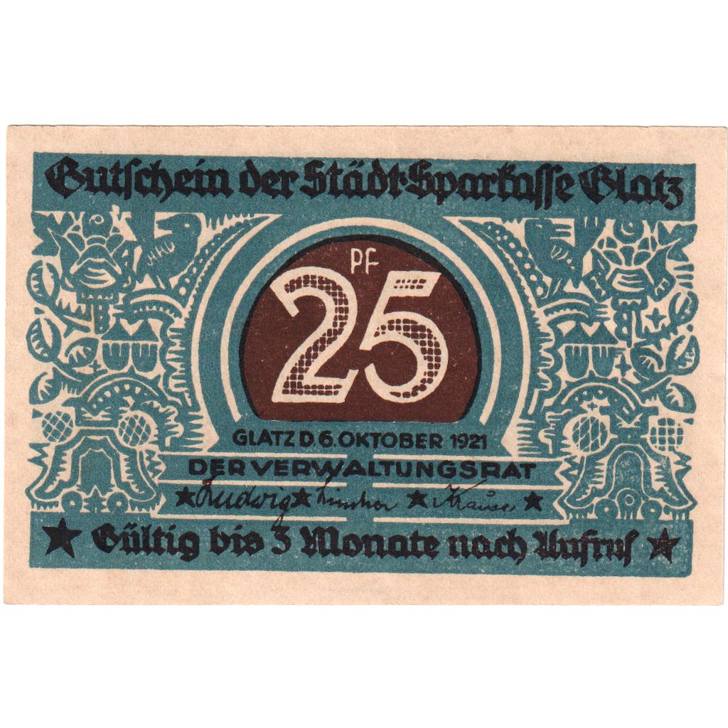 Deutschland, Glatz Städtische Sparkasse, 25 Pfennig, 1921-10-06, VZ+