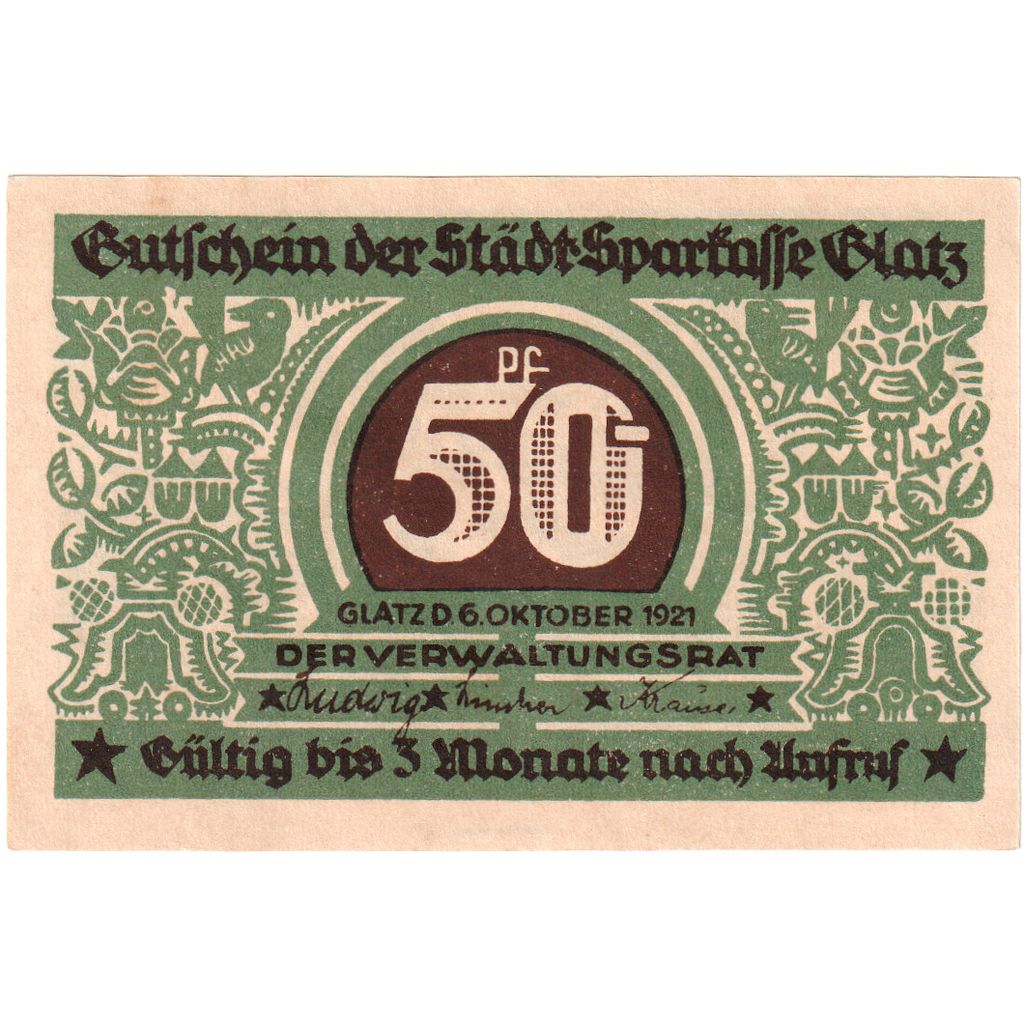 Deutschland, Glatz Städtische Sparkasse, 50 Pfennig, 1921-10-06, VZ+