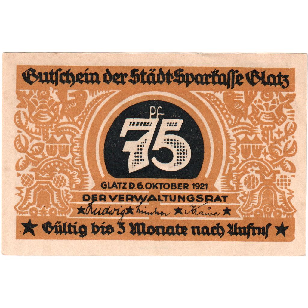 Niemcy, Glatz Städtische Sparkasse, 75 Pfennig, 1921-10-06, UNC(60-62)