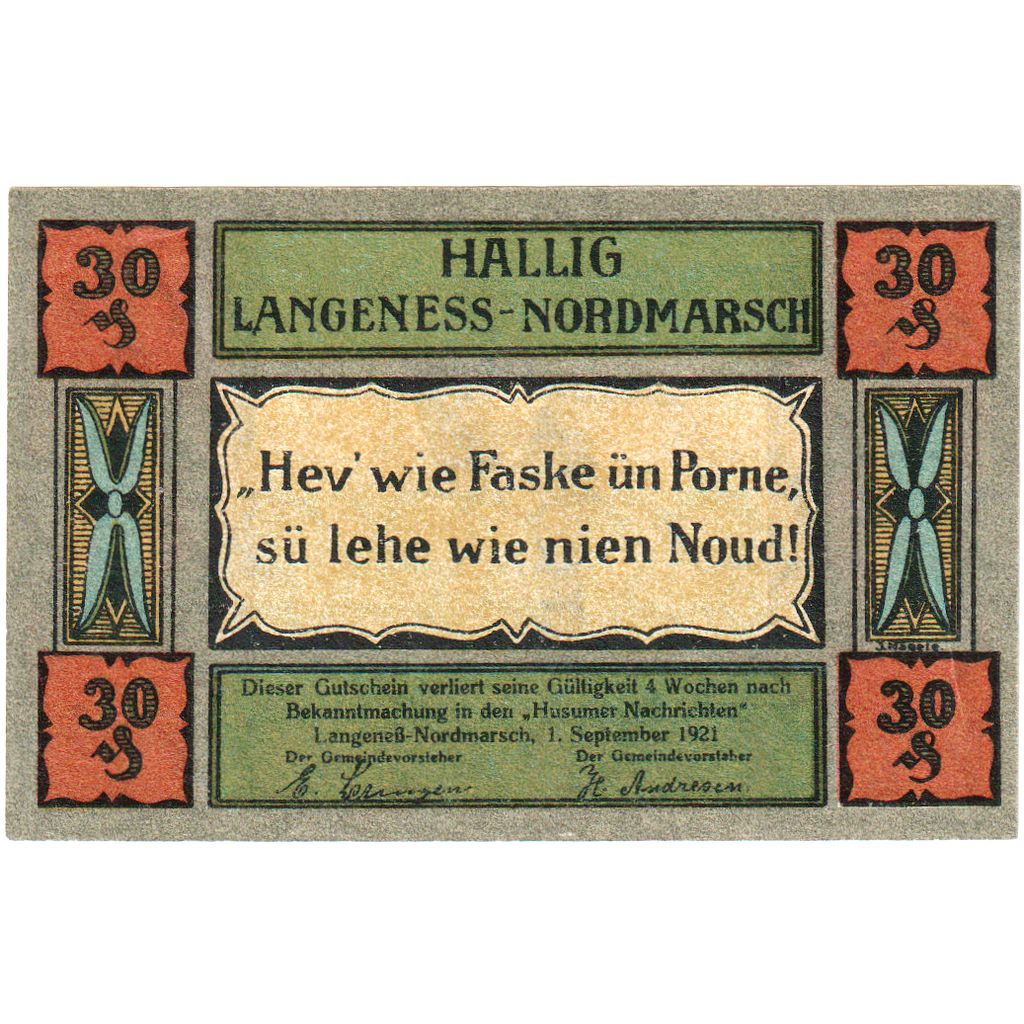 Deutschland, Langeness-Nordmarsch Hallig, 30 Pfennig, 1921-09-01, VZ