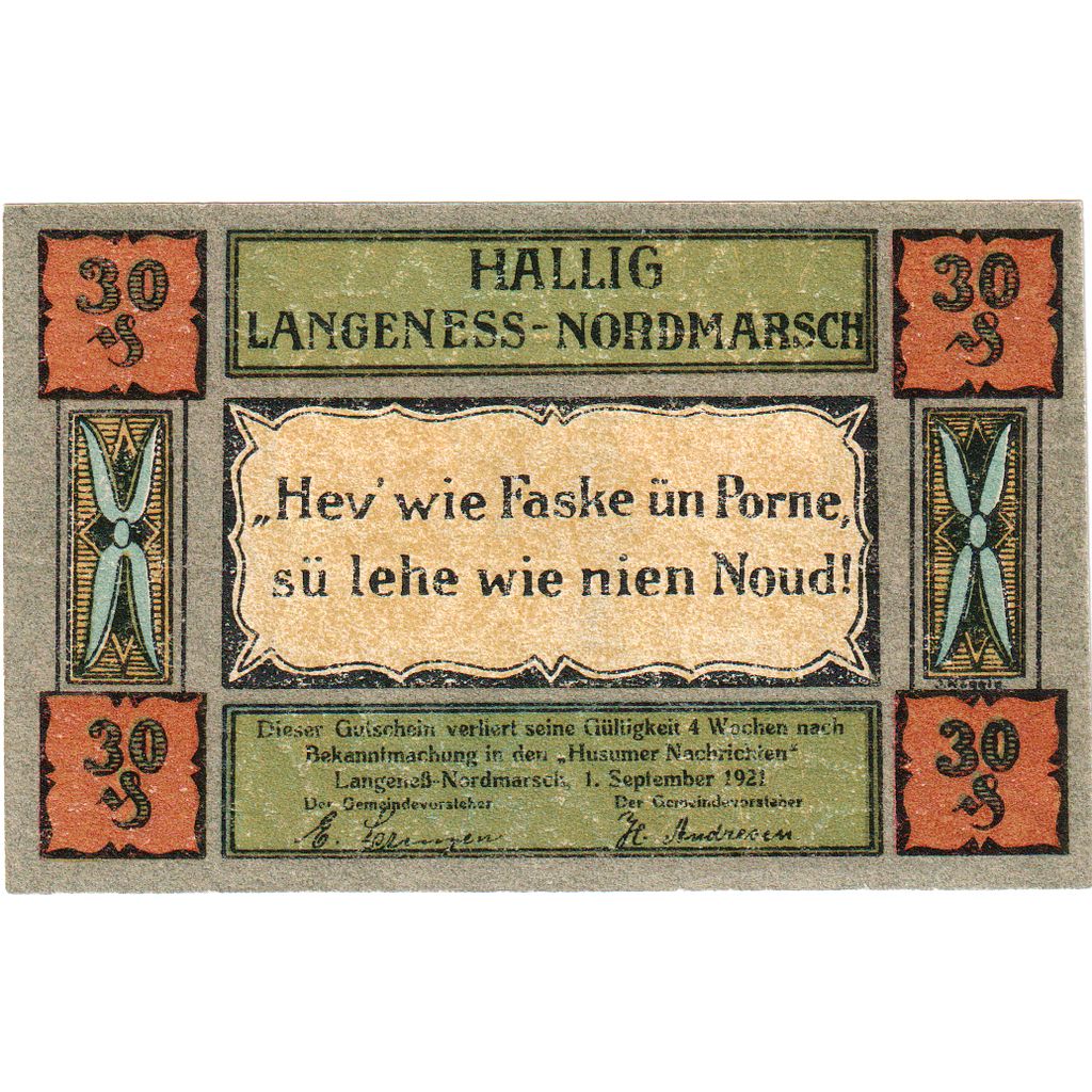 Deutschland, Langeness-Nordmarsch Hallig, 30 Pfennig, 1921-09-01, VZ