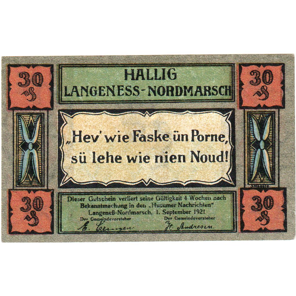 Deutschland, Langeness-Nordmarsch Hallig, 30 Pfennig, 1921-09-01, VZ