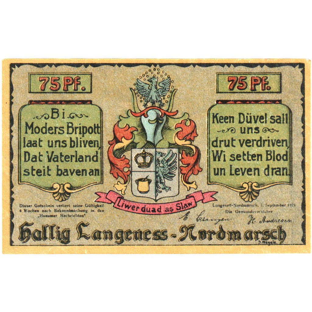 Niemcy, Langeness-Nordmarsch Hallig, 75 Pfennig, 1921-09-01, UNC(60-62)