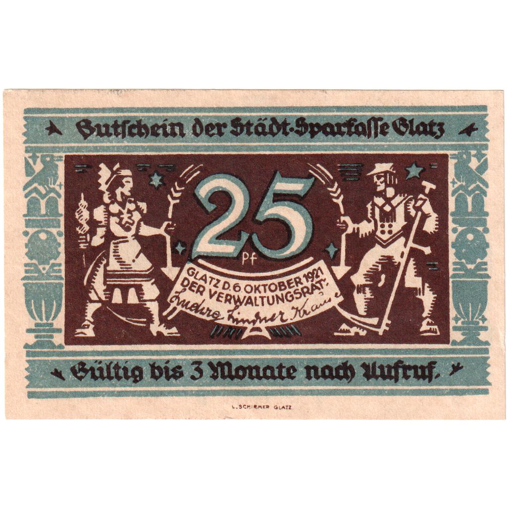 Niemcy, Glatz Städtische Sparkasse, 25 Pfennig, 1921-10-06, UNC(60-62)