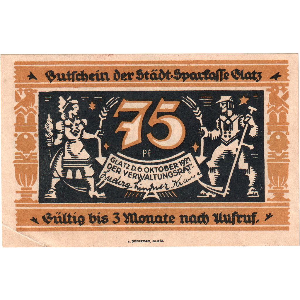 Niemcy, Glatz Städtische Sparkasse, 75 Pfennig, 1921-10-06, UNC(60-62)