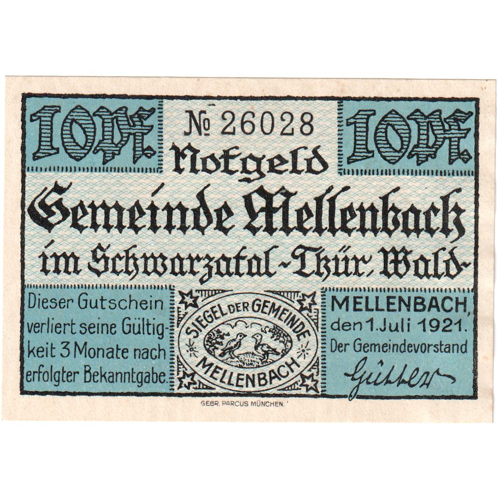 Deutschland, Mellenbach Gemeinde, 10 Pfennig, 1921-07-01, VZ+