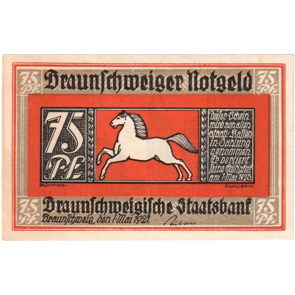 Germania, Braunschweig, 75 Pfennig, 1921-05-01, SPL