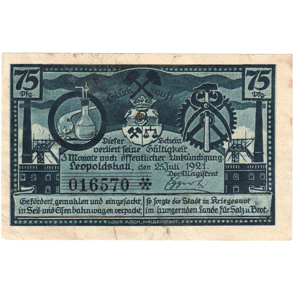 Germania, Leopoldshall, 75 Pfennig, 1921-05-02, FDS