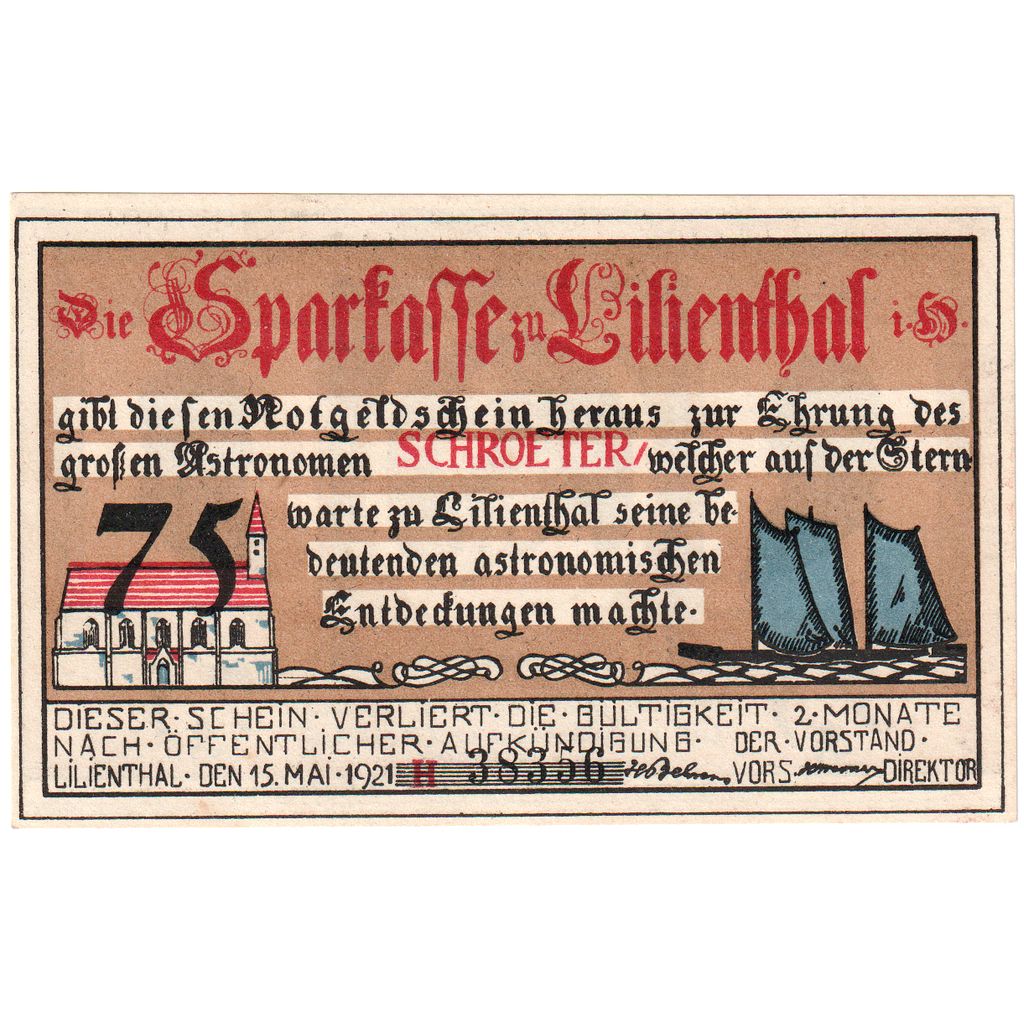 Deutschland, Lilienthal Sparkasse, 75 Pfennig, 1921-05-15, VZ+