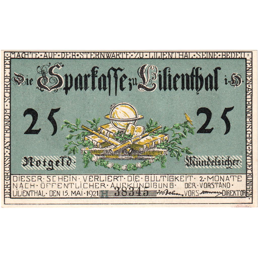 Niemcy, Lilienthal Sparkasse, 25 Pfennig, 1921-05-15, UNC(60-62)