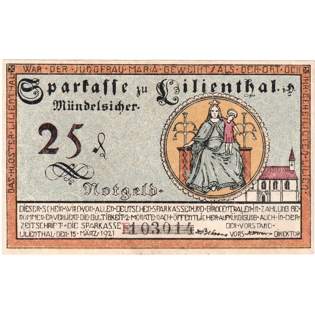 Germania, Lilienthal Sparkasse, 25 Pfennig, 1921-05-15, SPL