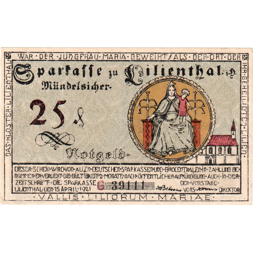 Niemcy, Lilienthal Sparkasse, 25 Pfennig, 1921-05-15, UNC(60-62)