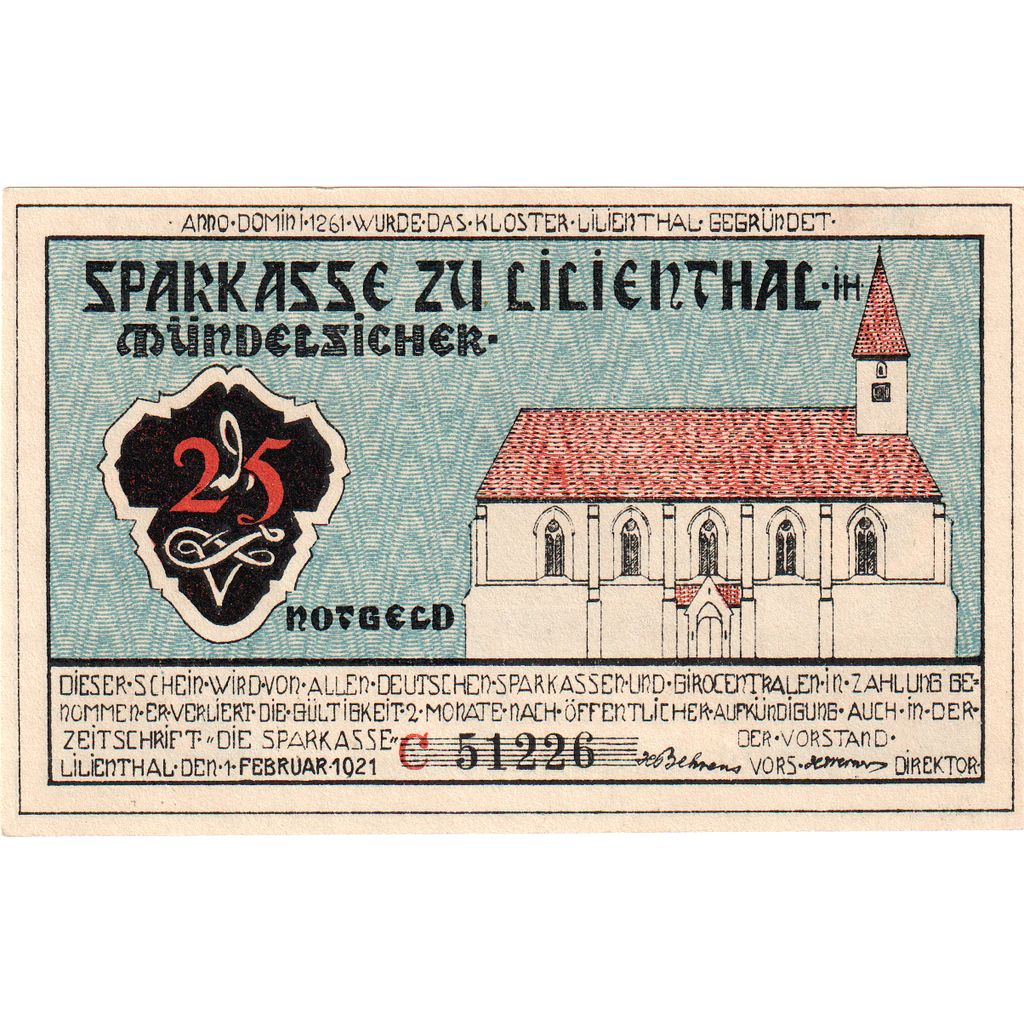 Germania, Lilienthal Sparkasse, 25 Pfennig, 1921-05-15, SPL