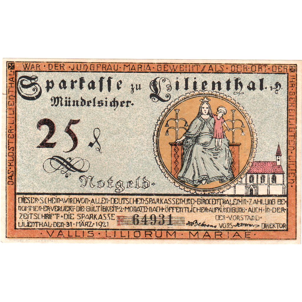 Germania, Lilienthal Sparkasse, 25 Pfennig, 1921-05-15, SPL