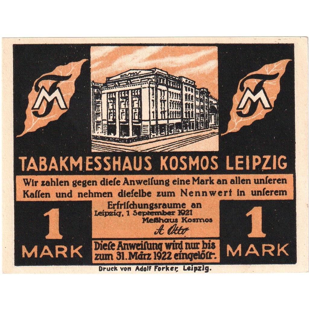 Niemcy, Leipzig Stadt, 1 Mark, 1921-09-01, UNC(65-70)