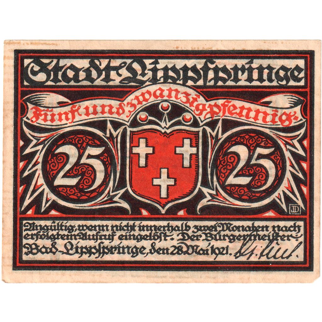 Deutschland, Lippspringe, Bad Stadt, 25 Pfennig, 1921-05-28, VZ+