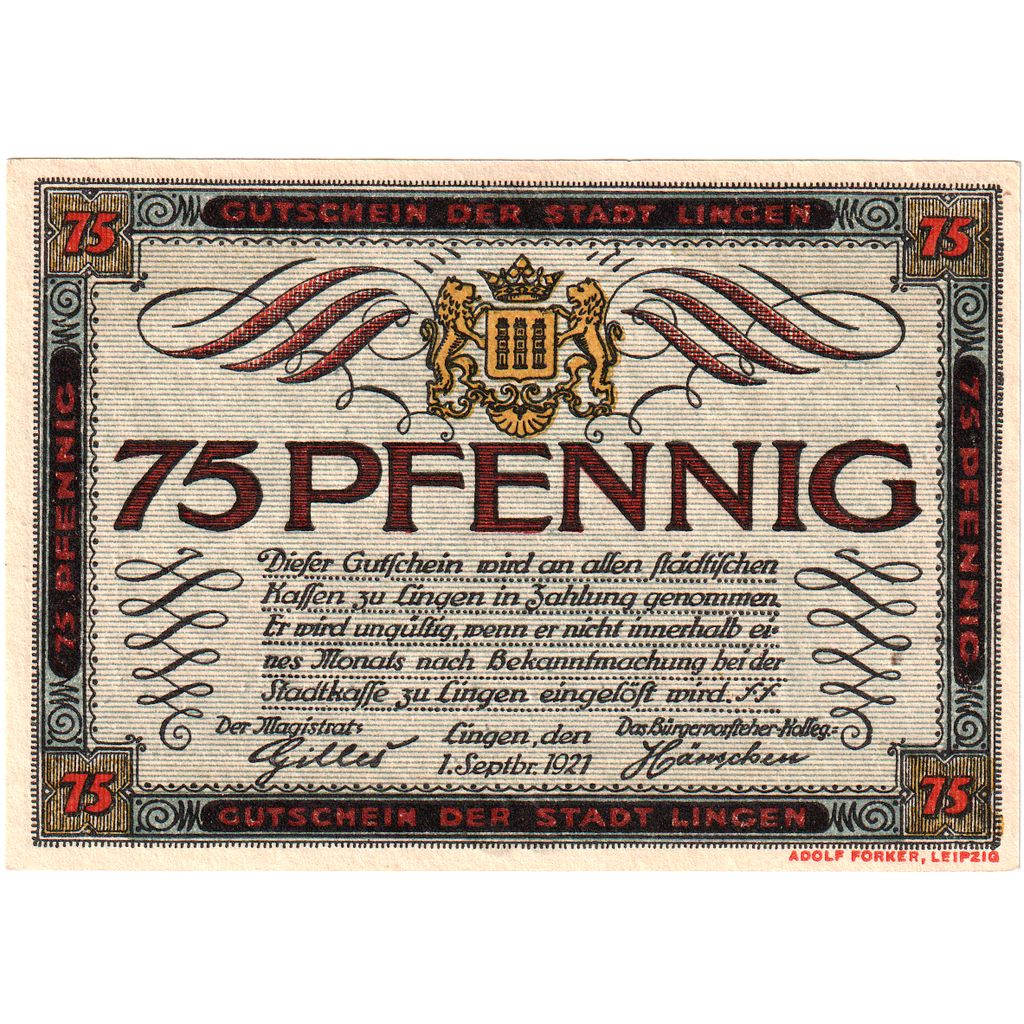 Deutschland, Lingen Stadt, 75 Pfennig, 1921-09-01, UNZ