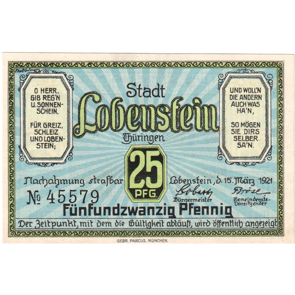 Germania, Lobenstein, 25 Pfennig, 1921-03-15, SPL
