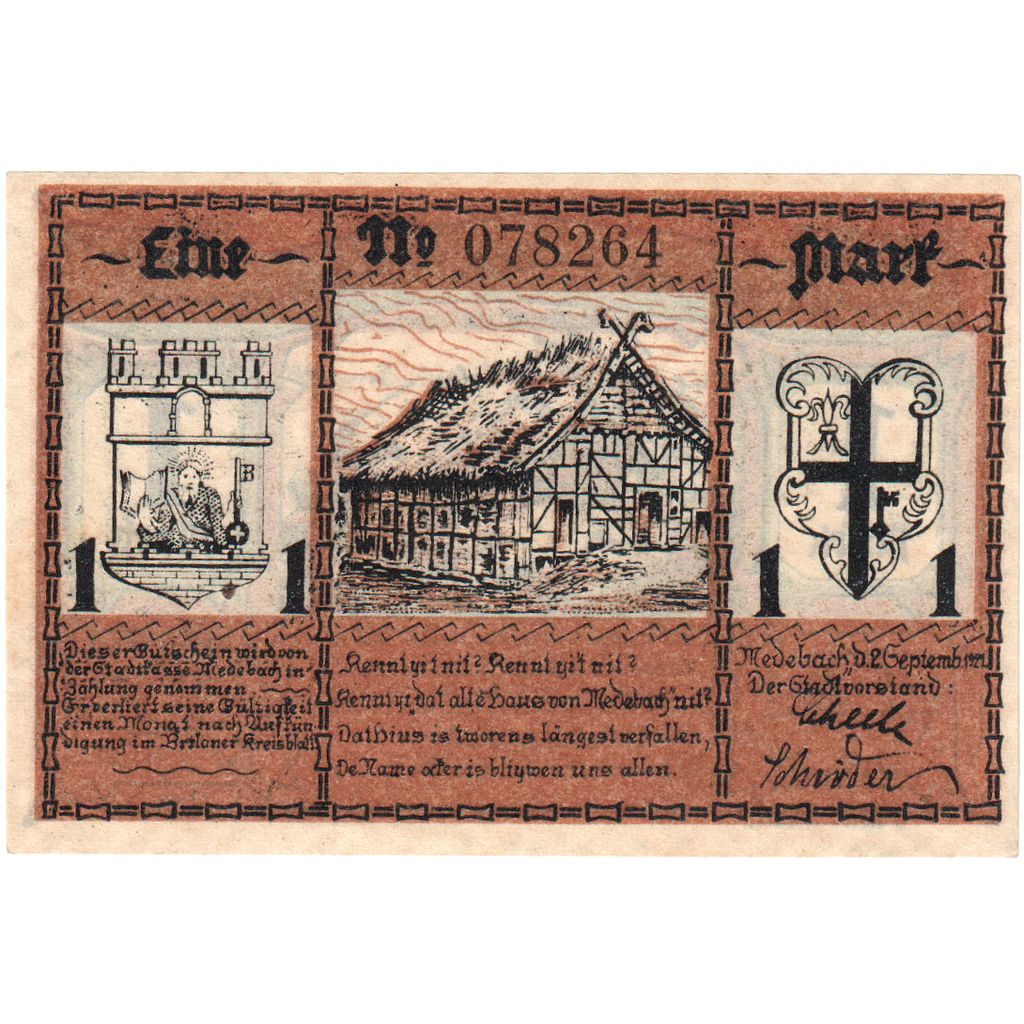 Geldschein, Deutschland, Medebach, 1 Mark, personnage, 1921, 1921-09-02, UNZ