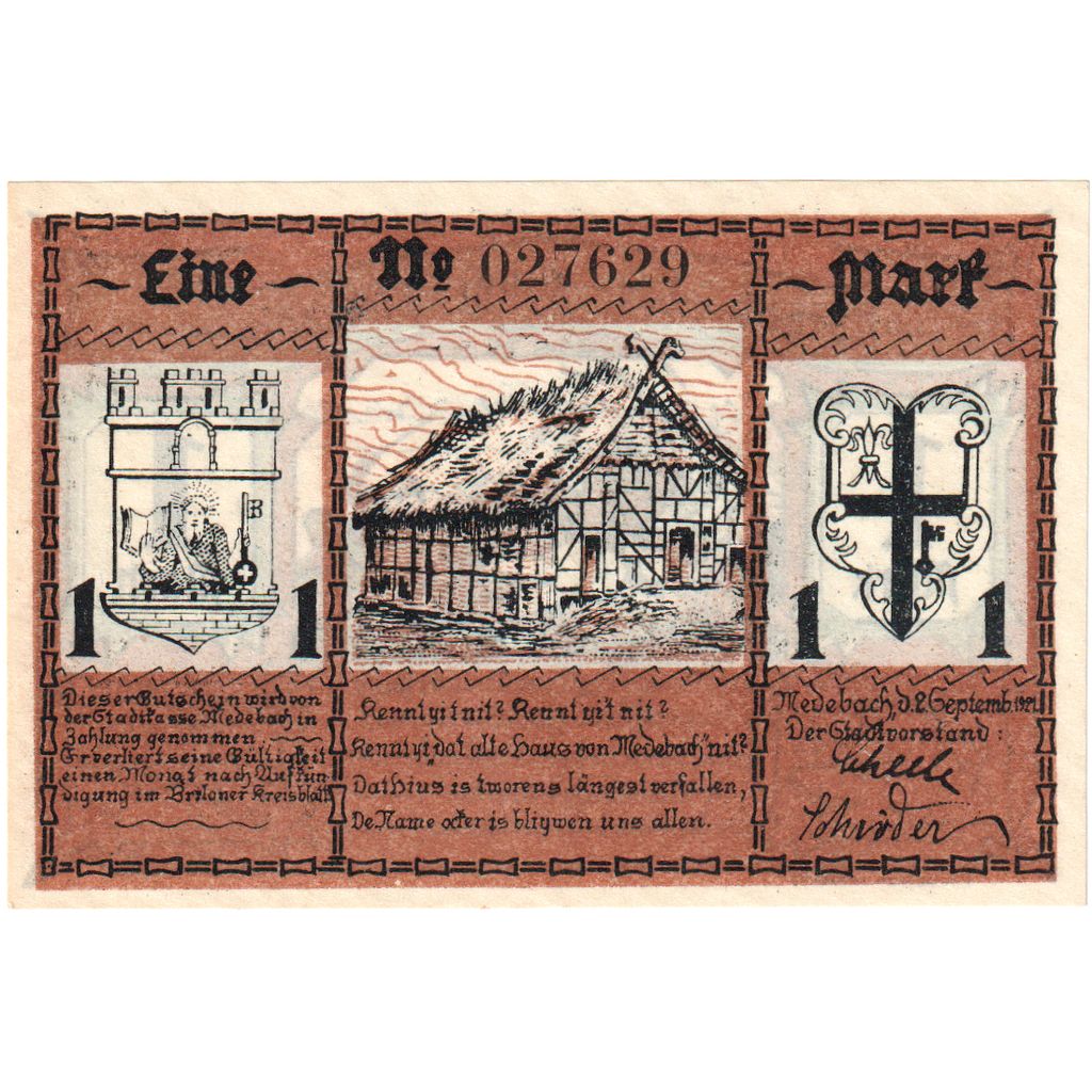 Deutschland, Medebach, 1 Mark, 1921-09-02, UNZ