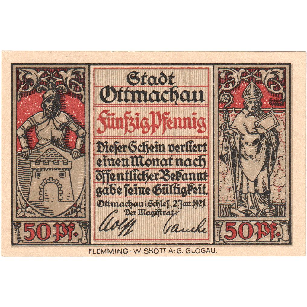 Germania, Ottmachau Stadt, 50 Pfennig, 1921-01-02, SPL