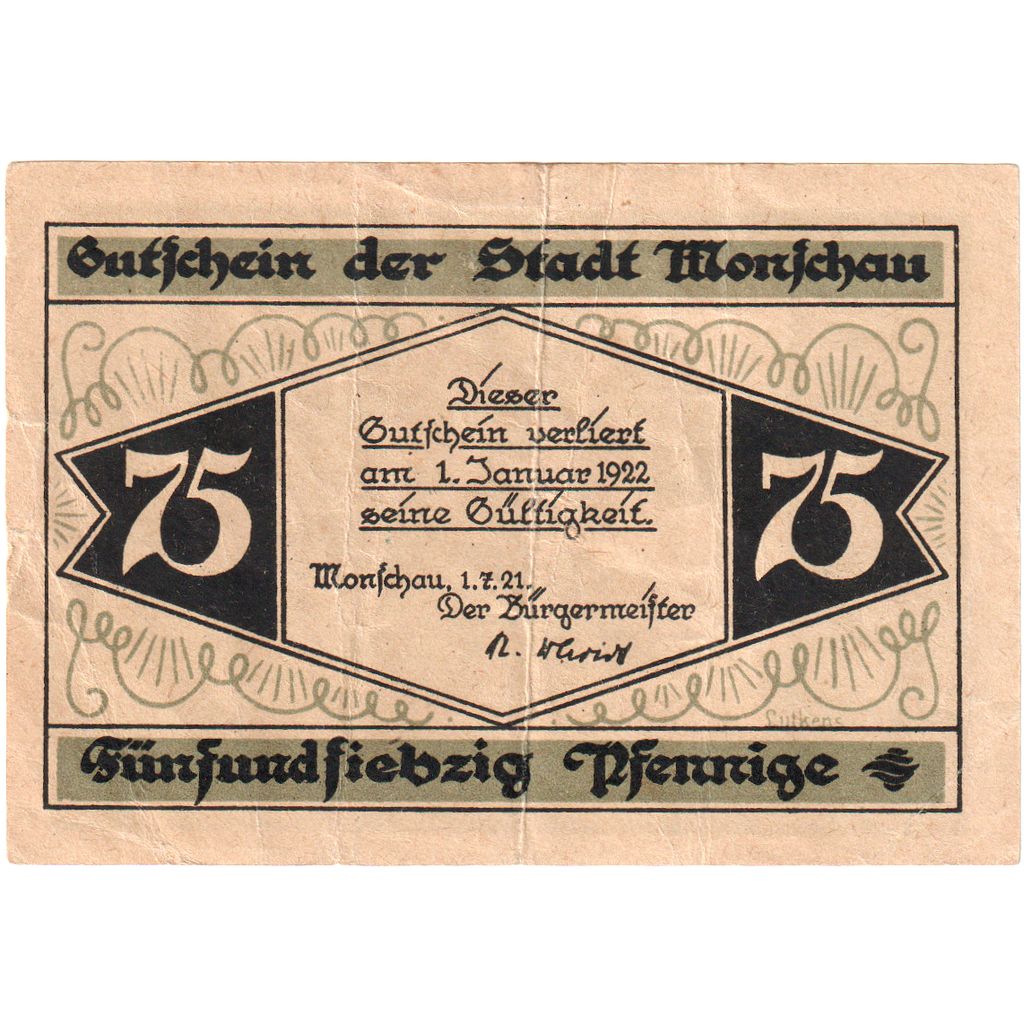 Niemcy, Monschau, 75 Pfennig, 1921-07-01, UNC(63)