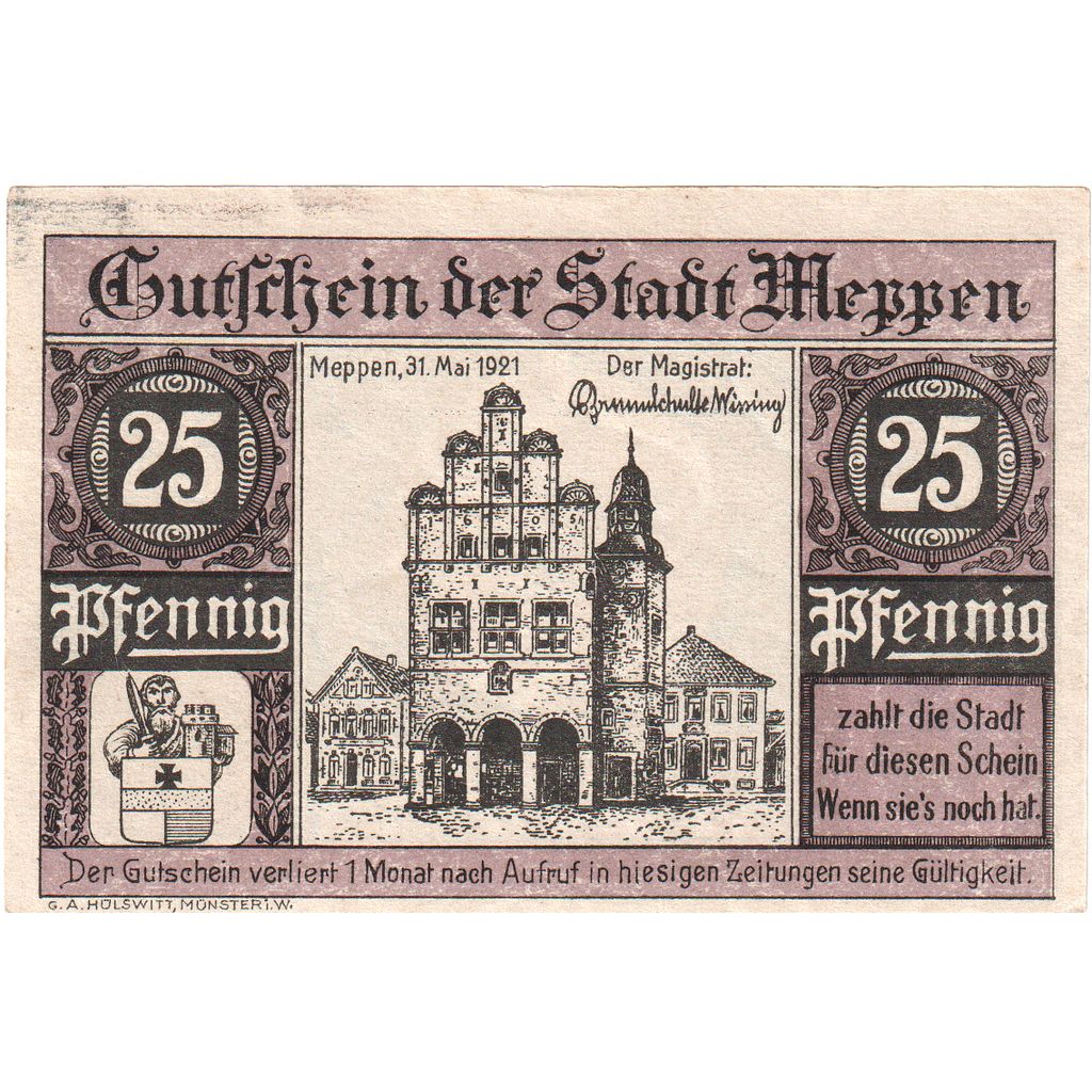 Niemcy, Meppen, 25 Pfennig, 1921-05-31, UNC(63)