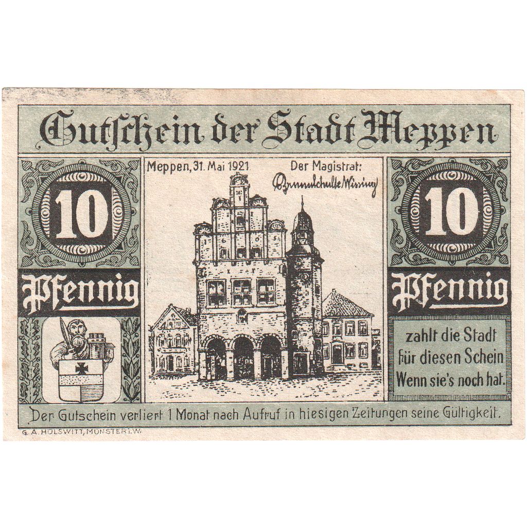 Deutschland, Meppen, 10 Pfennig, 1921-05-31, VZ+