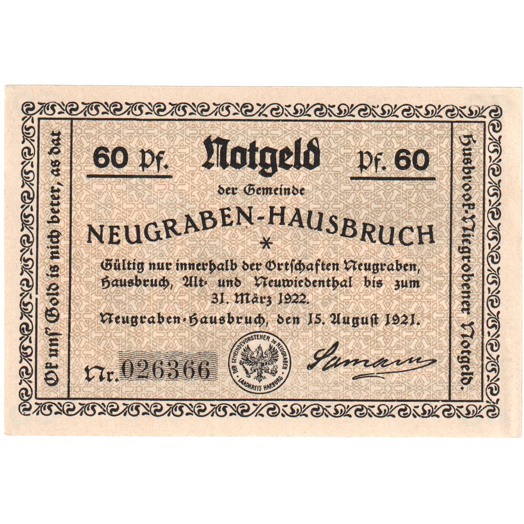 Germania, Neugraben-Hausbruch Gemeinde, 60 Pfennig, 1921-11-01, FDS