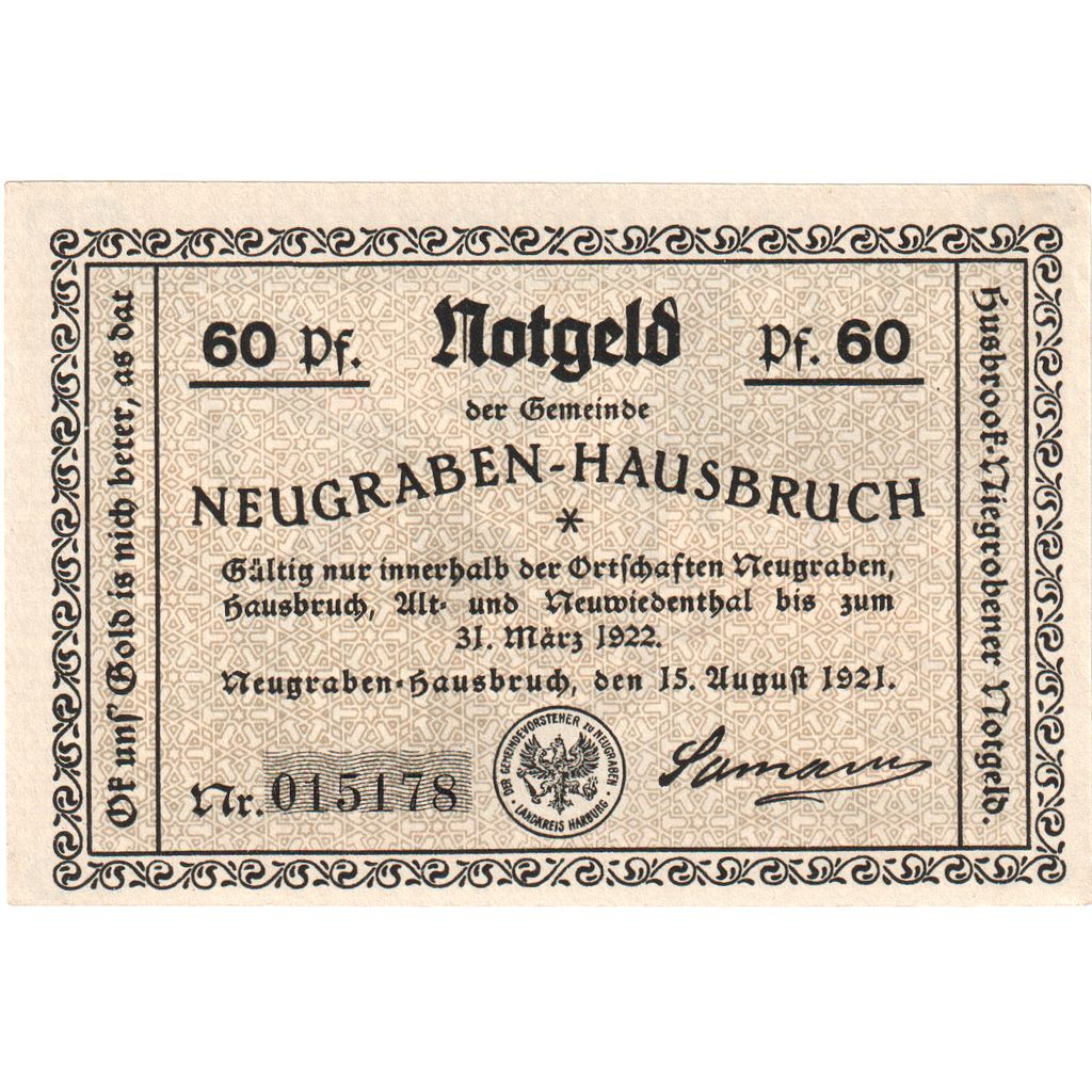Niemcy, Neugraben-Hausbruch Gemeinde, 60 Pfennig, 1922-03-31, AU(55-58)